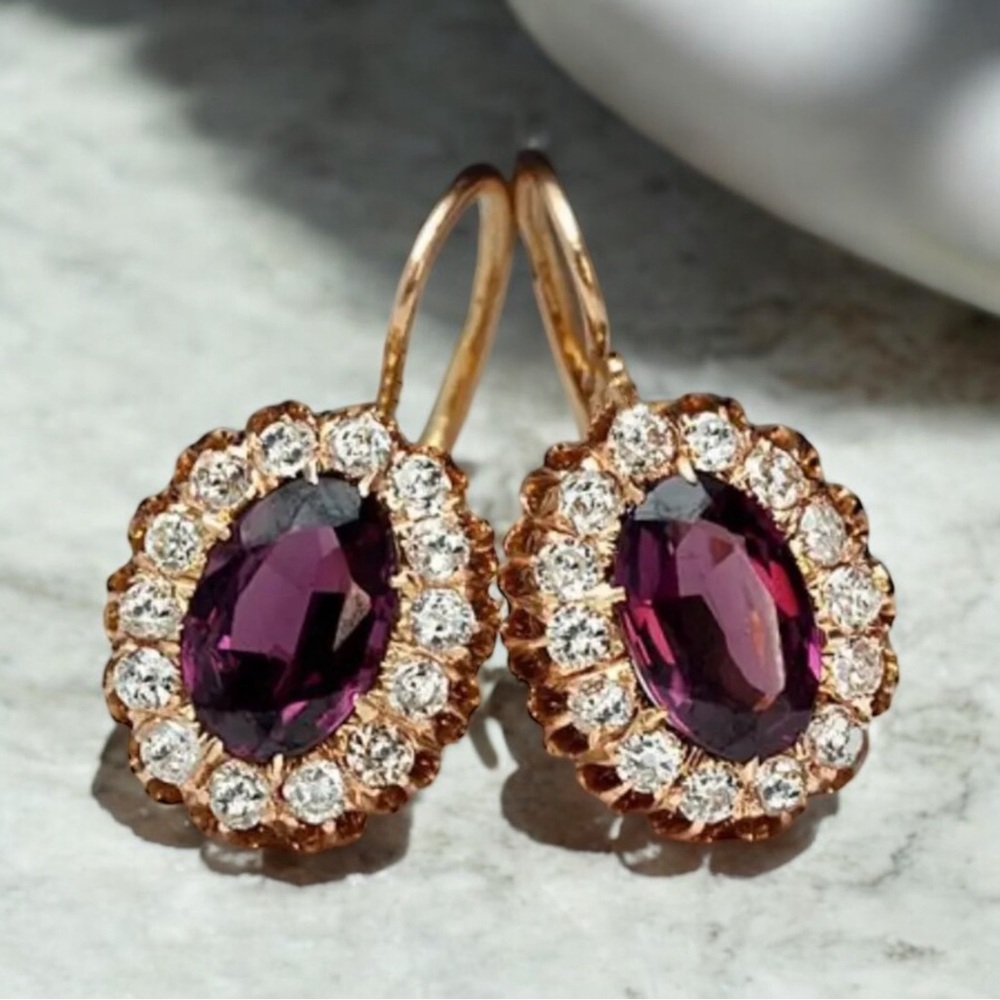 Oval Shape Shiny White & Rose Red Synthetic Gems Decor Dangle Earrings Bohemian
